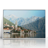 Mid-century modernist art of Montenegro scenery in muted colors on a white framed acrylic.