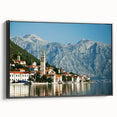 Black and white framed canvas of a Montenegro landscape in vintage poster style, ideal for bedroom decor.