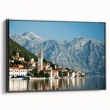 Black and white framed canvas of a Montenegro landscape in vintage poster style, ideal for bedroom decor.