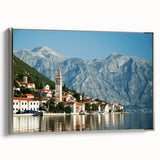 Framed canvas of a vintage-style Montenegro landscape painting, featuring colorful art on a black background.
