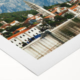 Art deco poster of a Montenegro scenery in muted earth tones on rolled canvas, suitable for dining room wall art.