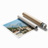 Extra large wall art depicting a scenic view of Montenegro with vibrant greenery and a deep blue sea on a rolled print.