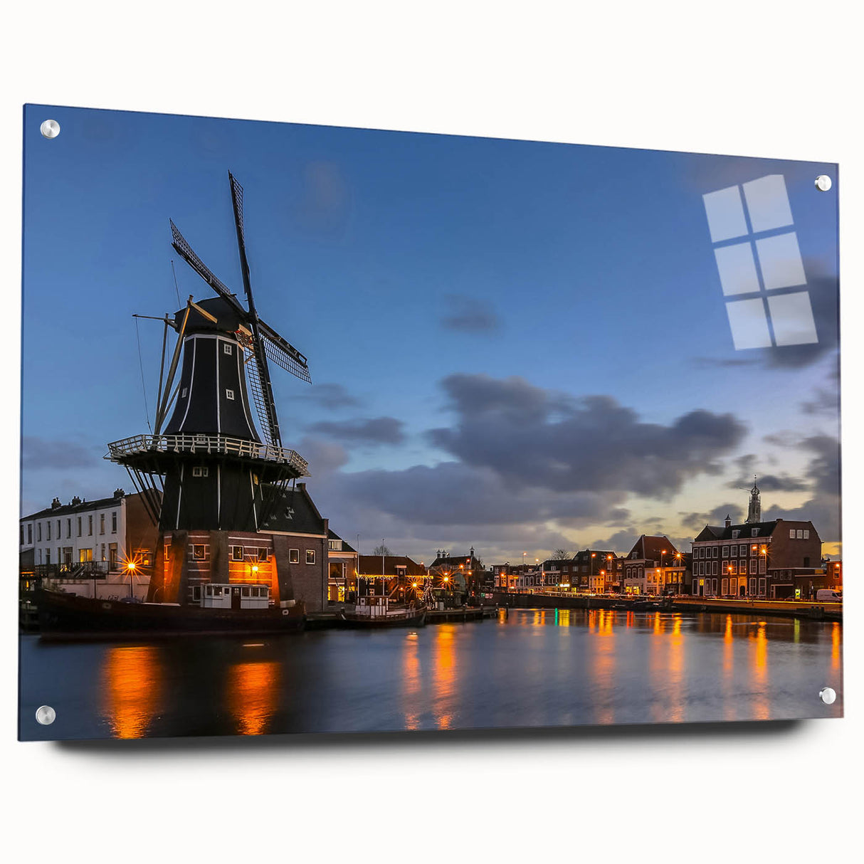 Acrylic print of Amsterdam canal scene with detailed European architecture in muted earth tones, ideal for dining room decor.