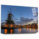 Acrylic print of Amsterdam canal scene in muted blues and grays, suitable for bedroom or dining room decor.
