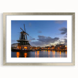 Extra large abstract art print of Amsterdam scenery in textured silver frame, ideal for living room decor.