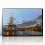 Large abstract wall art of Amsterdam in muted gray tones, acrylic print in a black frame.