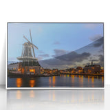 Mid-century modernist art of Amsterdam's canals, featuring muted blue and gray tones on a framed acrylic panel.