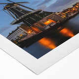 Art deco poster of Amsterdam scenery in muted colors on rolled canvas, suitable for dining room wall art.