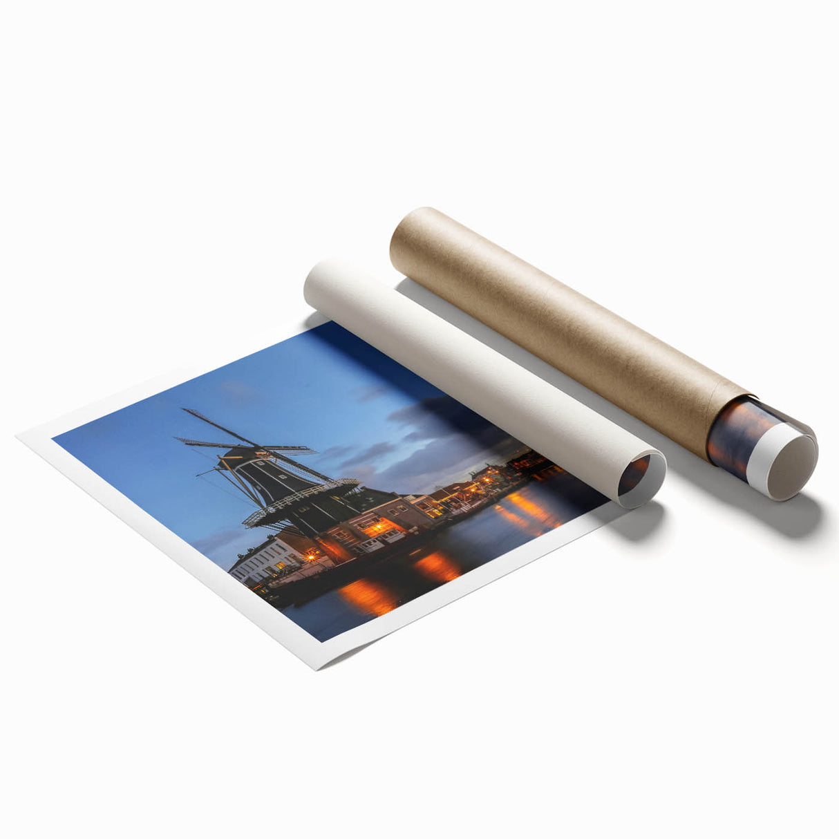 Rolled print of Amsterdam canal scene with vibrant colors and floral details.