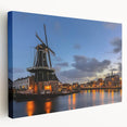Amsterdam canal scene in muted earth tones on a large stretched canvas, suitable for kitchen wall art.