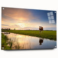 Acrylic glass print of a serene European landscape, with muted green and blue tones, ideal for dining room decor.