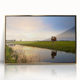 Art deco poster of a European scenery in muted gold and blue tones, acrylic framed, ideal for modern art wall decor.