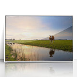 Mid-century modernist art depicting a European Netherlands scenery in muted earth tones on a framed acrylic print.