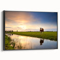 Black and white framed canvas depicting a vintage-style Dutch landscape, ideal for bedroom wall art.