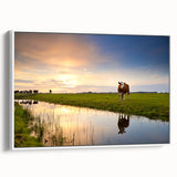 Vintage poster art of a European scenery on a framed canvas, featuring colorful details, ideal for living room decor.
