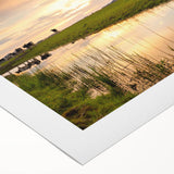 Art deco poster of a European scenery in muted blue and green tones on rolled canvas, ideal for dining room wall art.