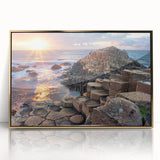 Art deco poster of a Northern Ireland landscape in muted green and gold tones, framed acrylic.
