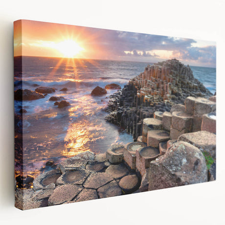 Northern Ireland landscape on stretched canvas, featuring muted green and blue tones, suitable for kitchen wall art.
