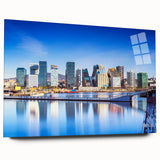 Large abstract depiction of a Norwegian landscape on acrylic glass, using cool blue and gray tones.