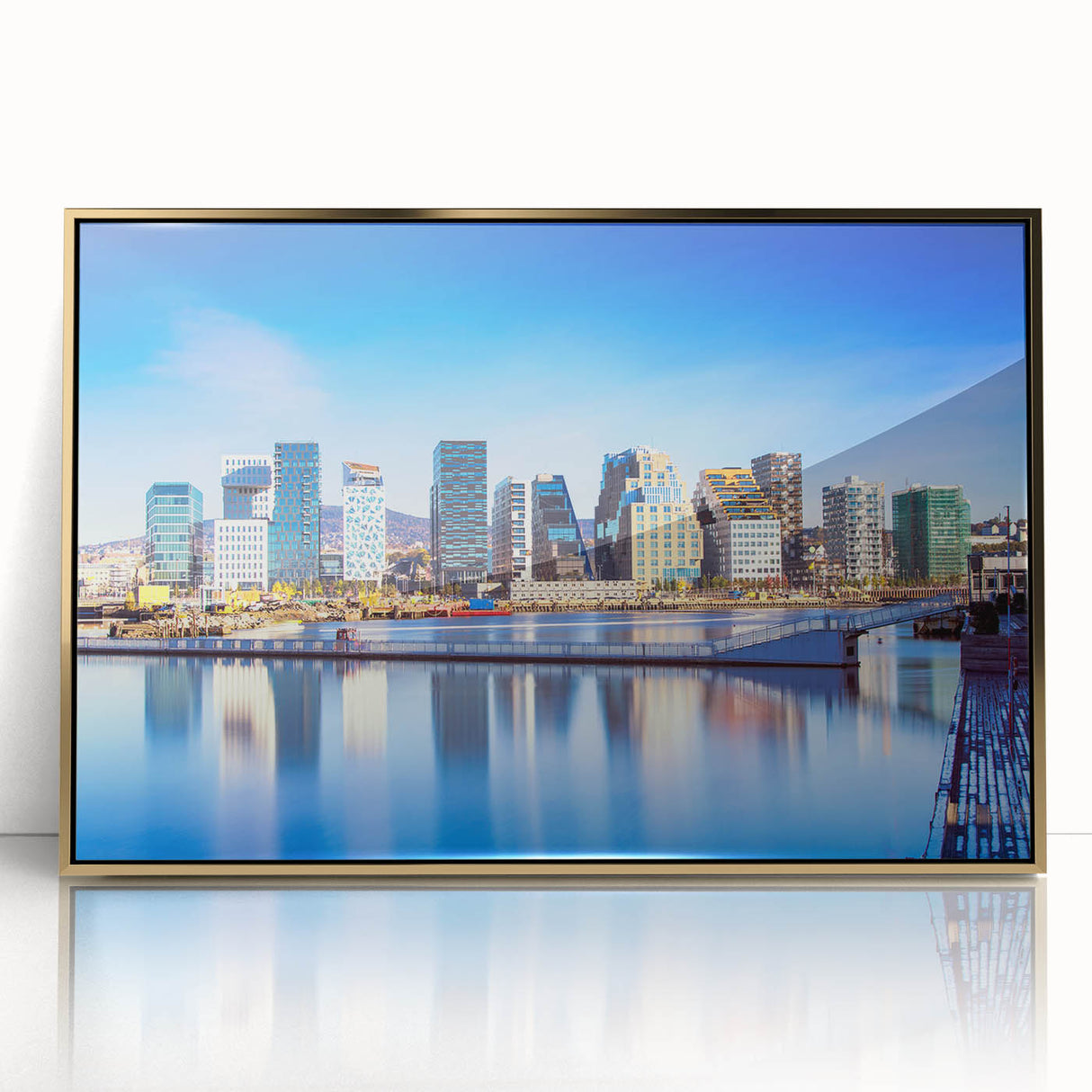 Acrylic print of a serene Norwegian landscape with muted green and blue tones, framed in gold.