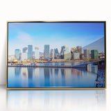 Acrylic print of a serene Norwegian landscape with muted green and blue tones, framed in gold.