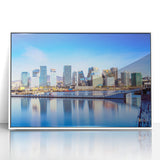 Mid-century modernist art depicting a serene Norwegian landscape in muted earth tones on a white framed acrylic print.