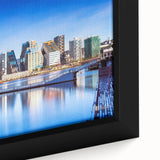 Black framed canvas depicting a textured, colorful Norwegian landscape, ideal for living room decor.