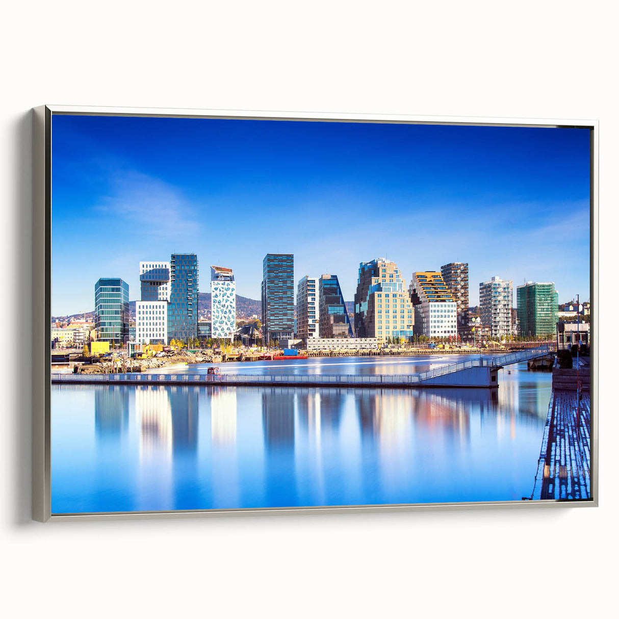 Framed canvas featuring a vintage-style landscape painting of a Norwegian scenery in muted earth tones.