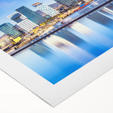 Art deco poster featuring a serene Norwegian landscape in muted blue and green tones on rolled canvas.