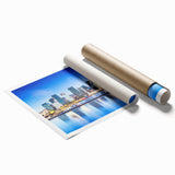 Extra large rolled print of a serene Norwegian landscape with muted greens and blues, ideal for classy bathroom wall art.