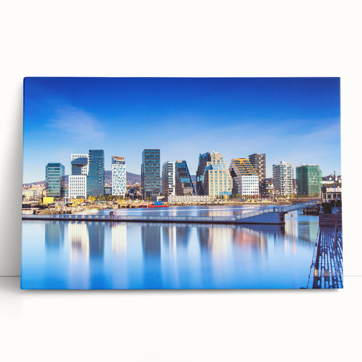Black and white photograph of a Norwegian fjord on stretched canvas, ideal for kitchen art.