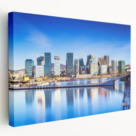 Scenic Norway landscape on stretched canvas, featuring muted blue and green tones, ideal for kitchen wall art.