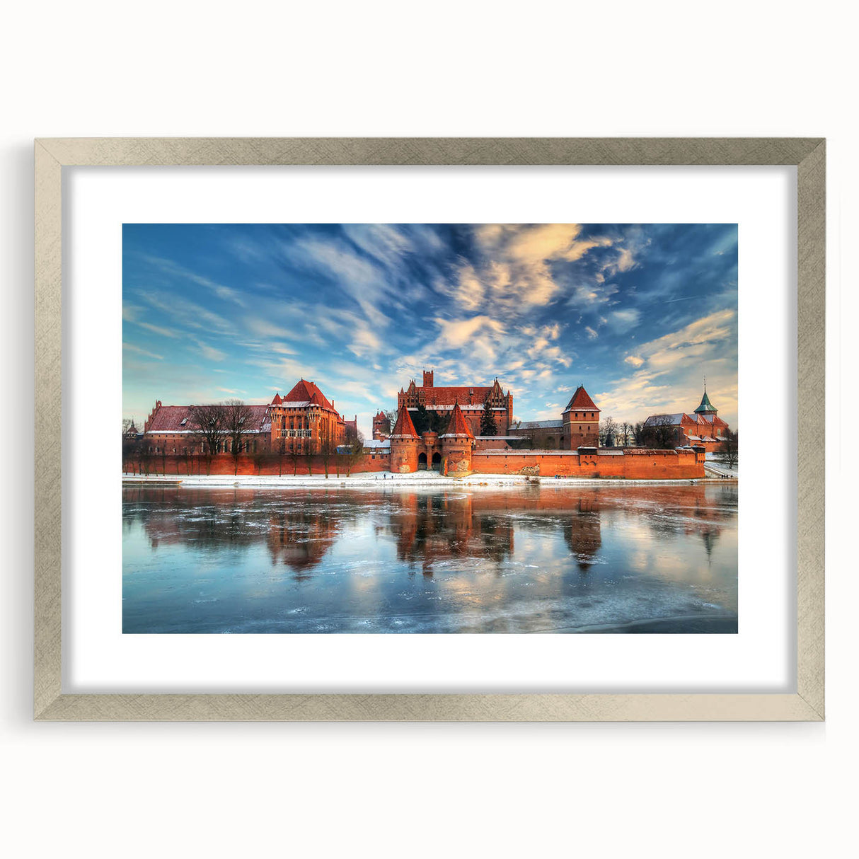 Extra large abstract art print depicting a textured scenery of Poland in muted earth tones, framed with a silver mat.