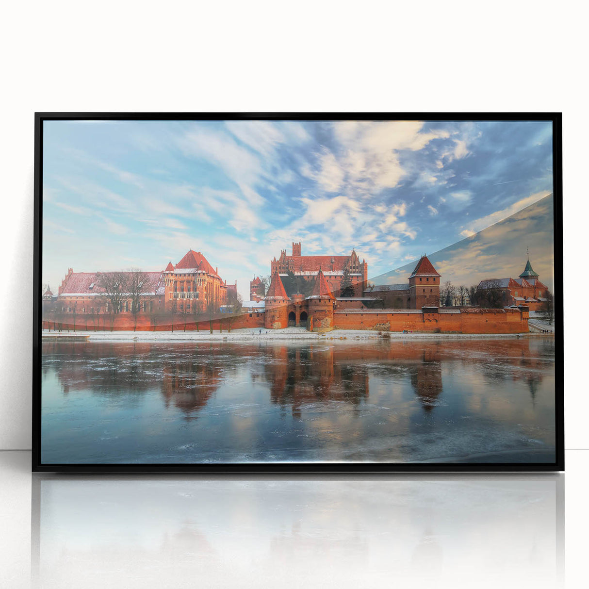 Large abstract wall art depicting a European cityscape, in muted gray and blue tones on a framed acrylic.