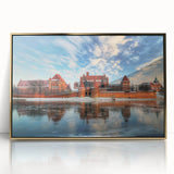 Art deco style poster of a European cityscape in muted gold and blue tones on framed acrylic, ideal for modern nursery decor.