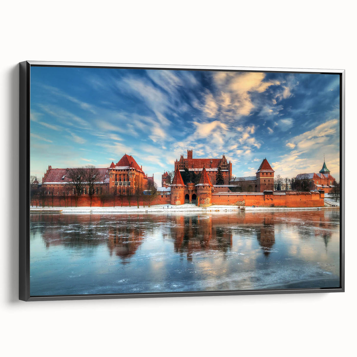 Black and white framed canvas depicting a vintage European landscape, ideal for bedroom wall decor.
