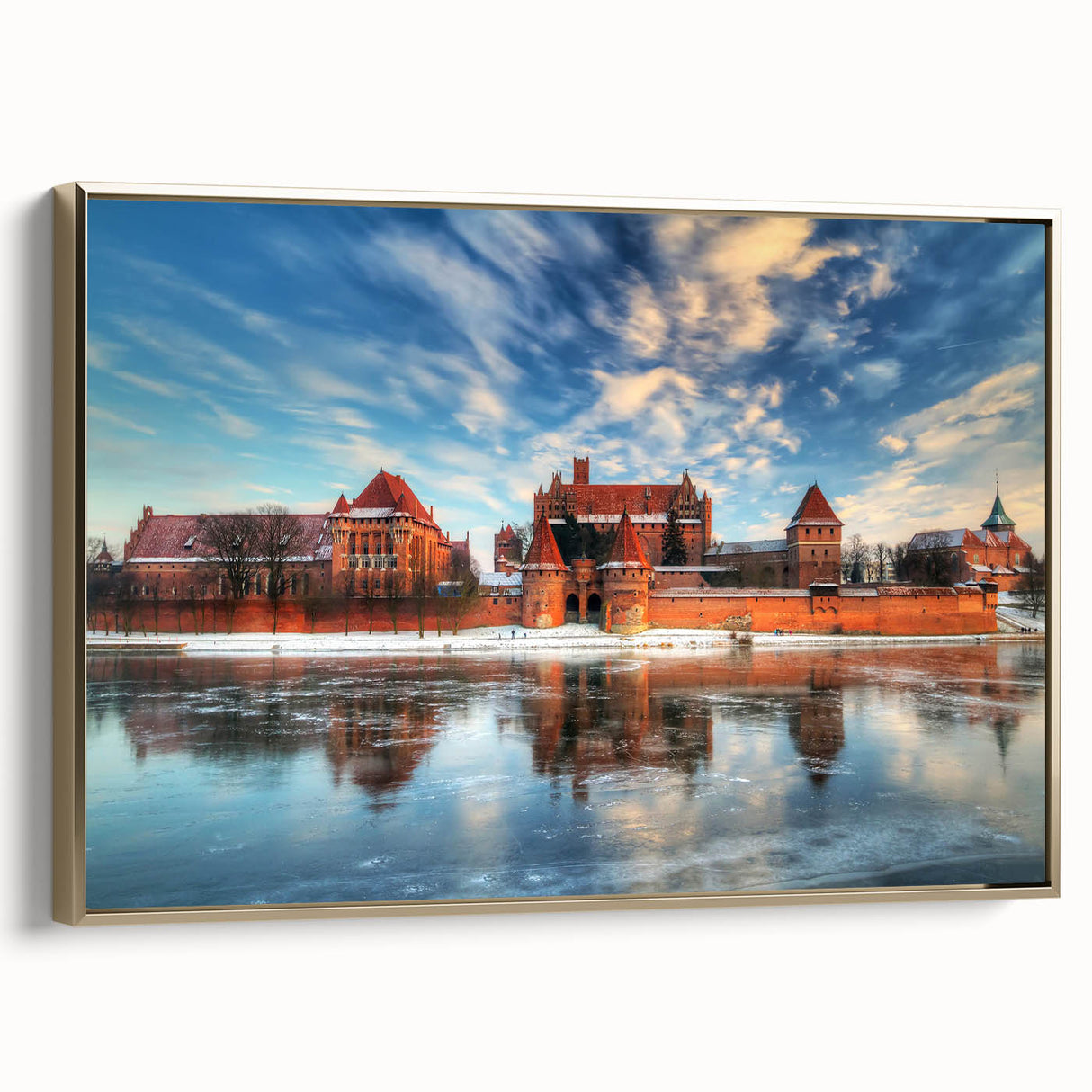 Framed canvas featuring a vintage-style landscape painting of a Polish scenery in muted gold and black tones.