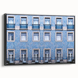 Black and white framed canvas of Lisbon landscape, ideal for bedroom wall art with a vintage poster style.