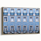 Framed canvas depicting a vintage-style Lisbon landscape in black and gold tones, ideal for bedroom wall art.