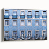 Landscape art painting of Lisbon on framed canvas, featuring vintage poster style with colorful and black elements.