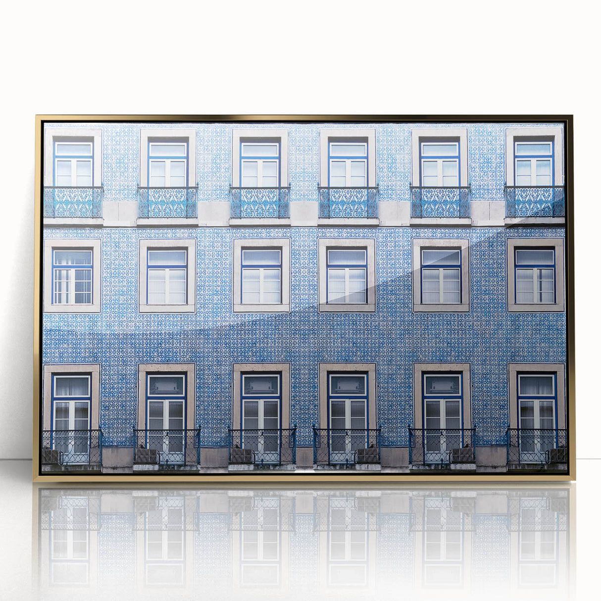 Framed acrylic print of Lisbon scenery with gold tones, ideal for modern art wall decor.