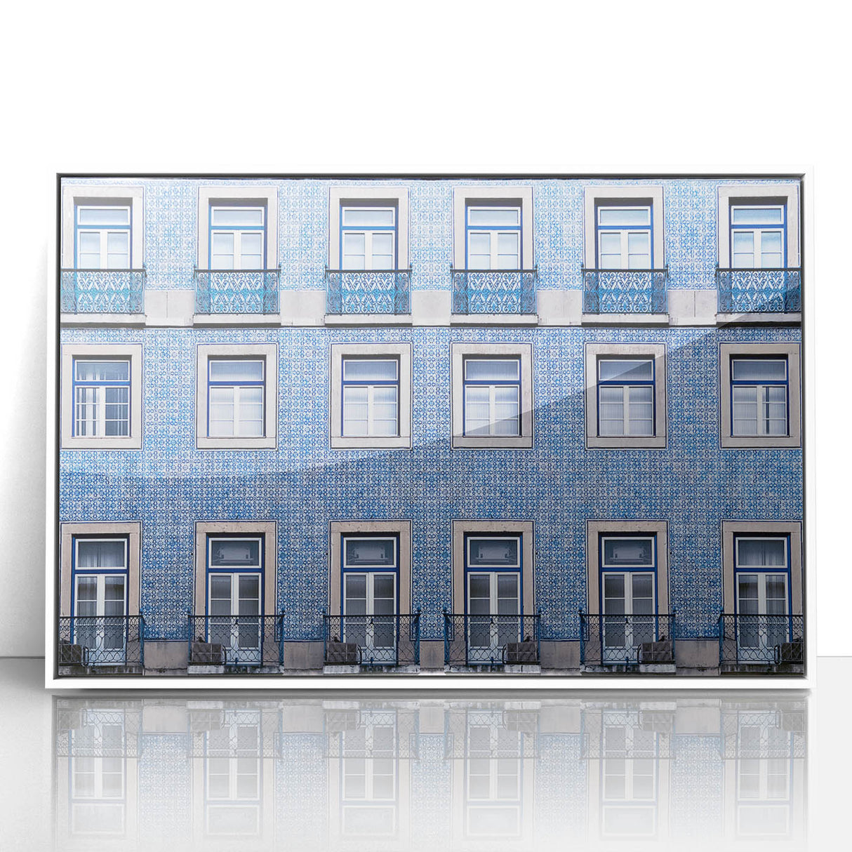 Framed acrylic print of Lisbon scenery in art deco style, featuring muted earth tones, ideal for modern art wall decor.