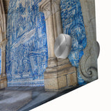 Large abstract wall art of Porto scenery in muted blues and greens on acrylic glass, ideal for dining room decor.