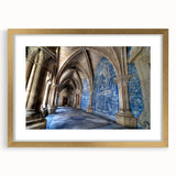 Abstract art print of Porto scenery in muted gold and blue tones, framed with a golden mat, suitable for dining room decor.