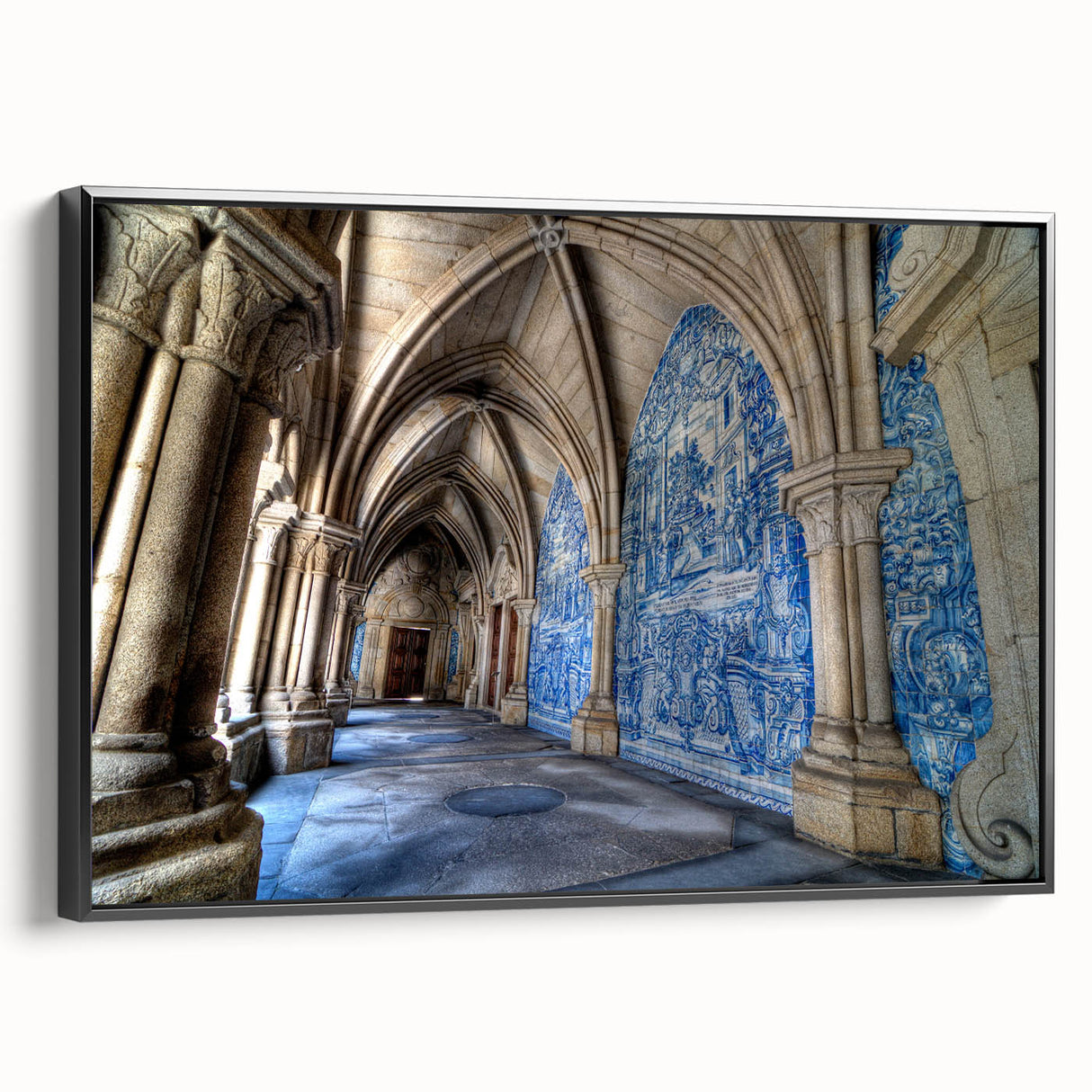 Black and white wall art featuring a vintage poster style landscape of Porto, Portugal on framed canvas.