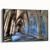 Black and white wall art featuring a vintage poster style landscape of Porto, Portugal on framed canvas.