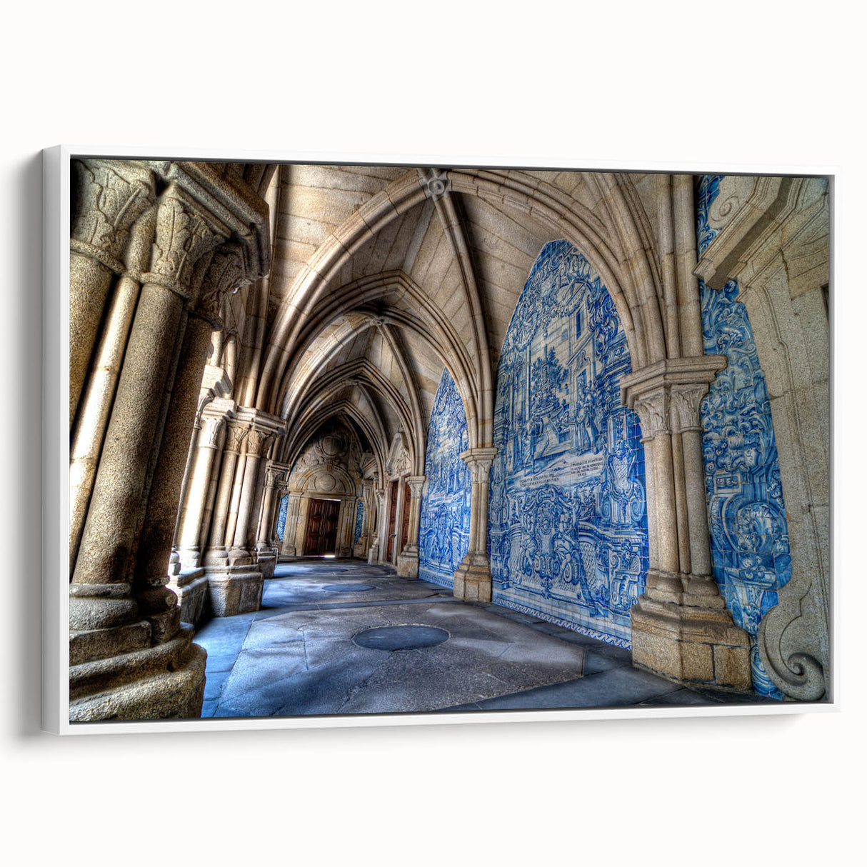 Vintage poster art of Porto, Portugal in vibrant colors on a white-framed canvas, ideal for living room decor.