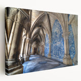 Scenic Porto landscape on stretched canvas, featuring vibrant blue and orange sunset hues, suitable for kitchen wall art.