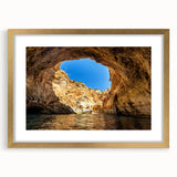 Abstract art print of a European Portuguese scenery in gold frame with mat, suitable for dining room decor.