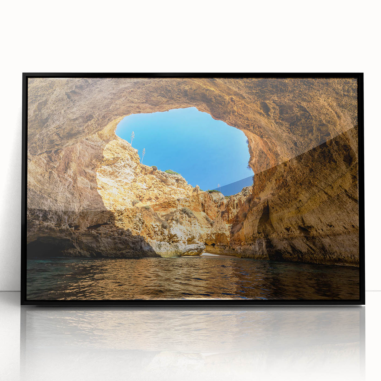 Large abstract wall art of a European Portuguese scenery in black acrylic frame, suited for modern living room decor.